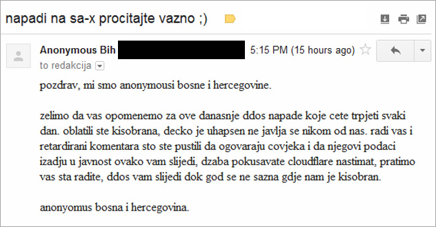 E-mail poruka grupe hakera koji se predstavljaju kao Anonymous BiH
